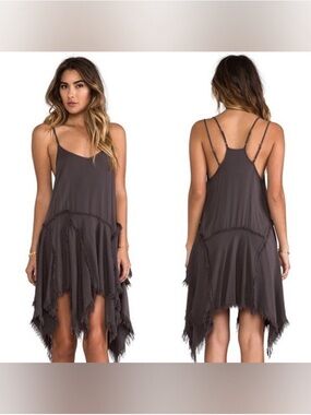 Free People Tattered Up Shred Slip Dress Charcoal XS